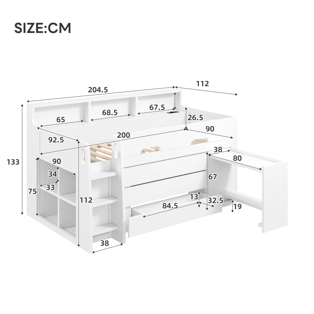 Letto semi-alto 90x200 cm scrivania con luci LED e porta USB cassetti in MDF bianco e compensato