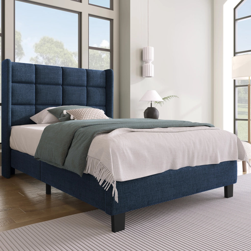 LETTO Imbottito 90x200 cm in lino blu con rete a doghe