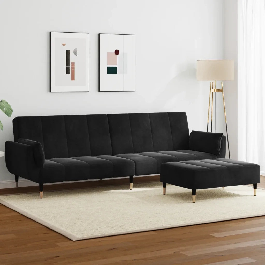 Divano Letto a 2 Posti con Poggiapiedi Nero in Velluto 3258154