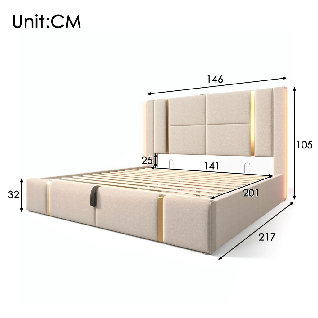 LETTO matrimoniale imbottito 140x200 cm Beige in lino con LED e USB Type-C