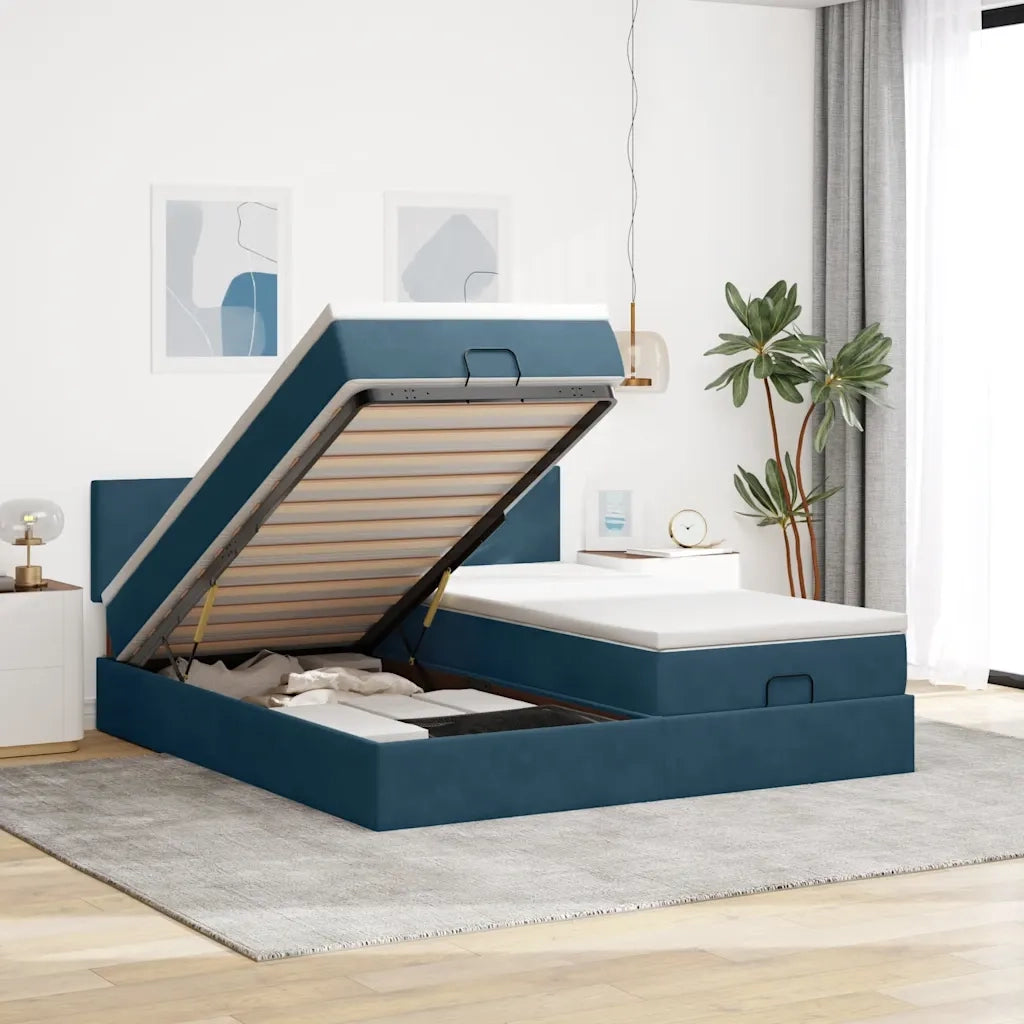 Pouf Letto con Materassi e LED Blu Scuro 200x200cm Velluto