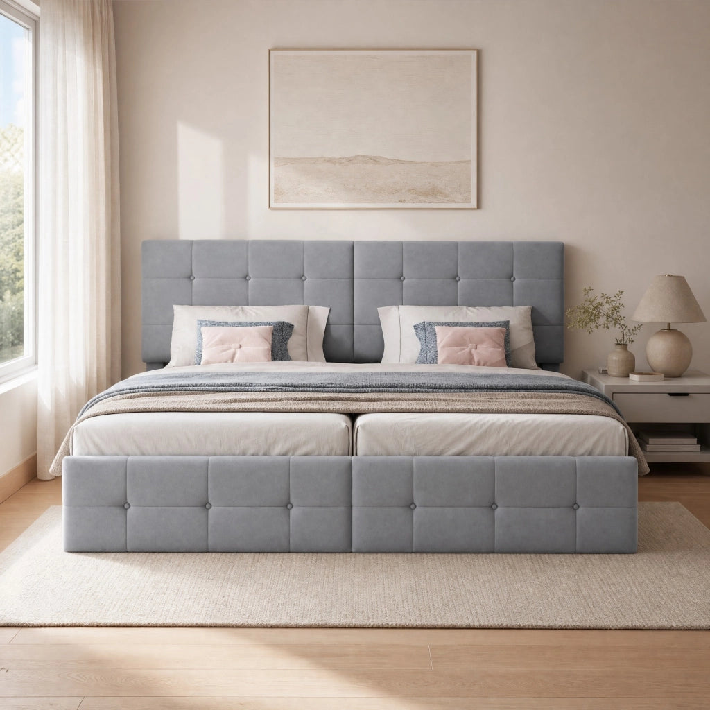 Letto imbottito idraulico 180x200 cm con contenitore, trasformabile in 2 letti singoli, in velluto grigio