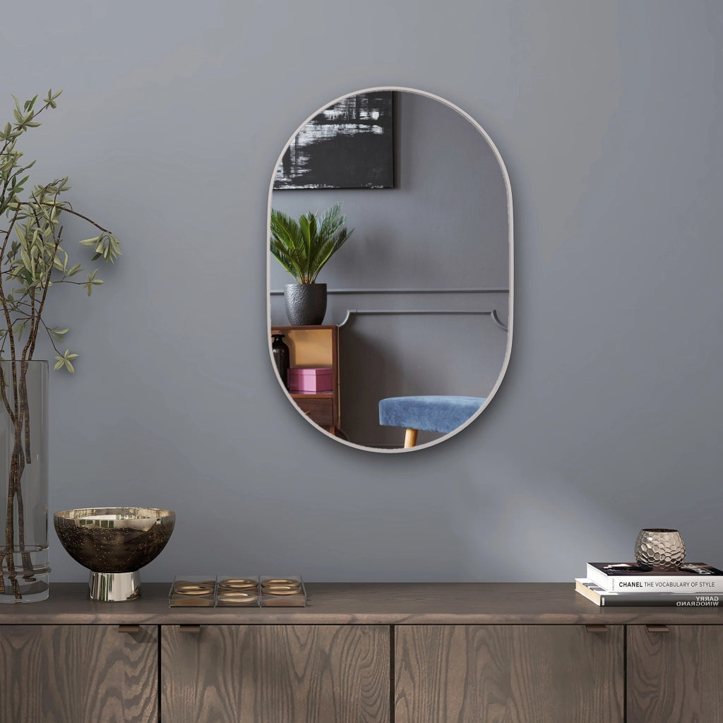 Specchio Bagno Ovale da Parete 60x90 cm con Cornice in Alluminio Verticale o Orizzontale Argento