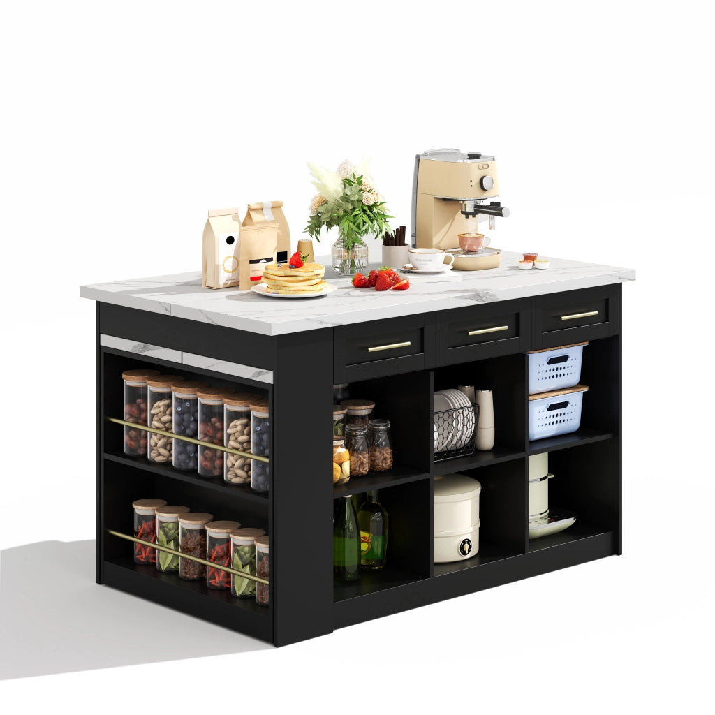 Carrello da cucina con 6 cassetti 3 ante e tavolo estraibile con ripiani regolabili per cucina in MDF nero