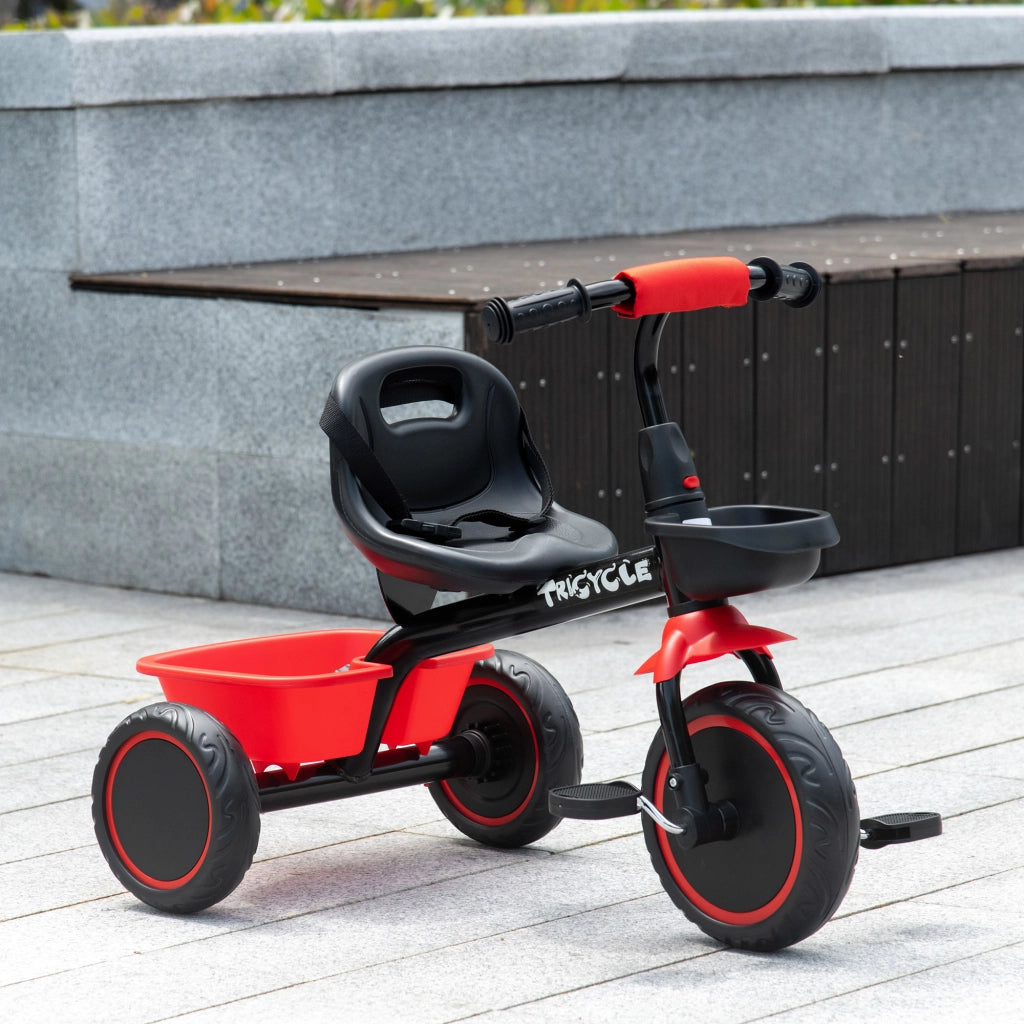 Triciclo Bambini Regolabile con Sedile e Cestini ¨C Minimal ¨C Rosso e Nero