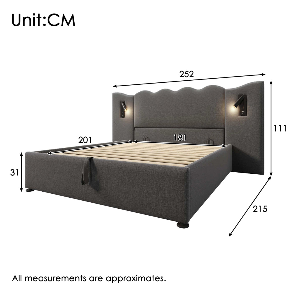 LETTO Matrimoniale 180x200 cm Grigio in lino con lampada e porta USB