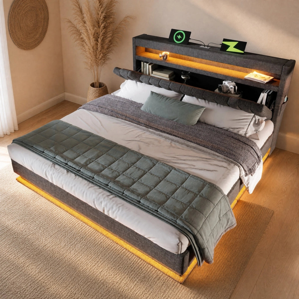 LETTO imbottito 140x200 cm lino grigio con LED, USB e vano contenitore