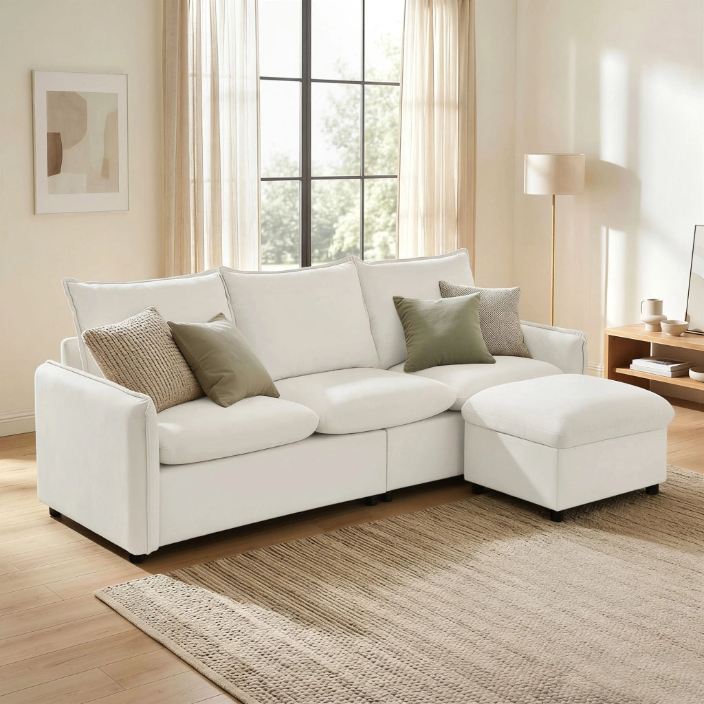 Divano Angolare 3 Posti in Tessuto con Contenitore e Cuscini ¨C Minimal ¨C Crema