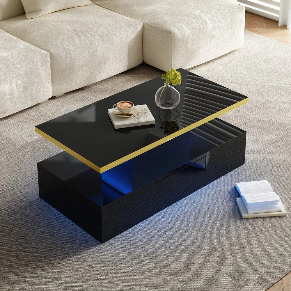 Tavolino da Caff¨¨ con Cassetti e LED ¨C MINIMAL ¨C Nero Lucido, 2 Ripiani
