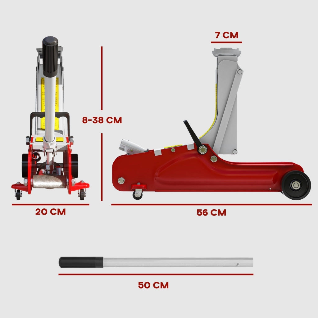 Cric Idraulico Auto con Sollevamento 8-38cm in Acciaio Rinforzato Capacità 2.5 t Rosso