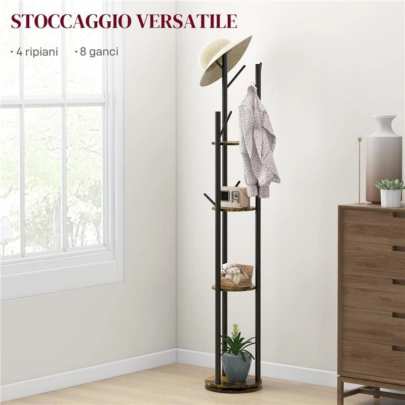 APPENDIABITI DA TERRA GIREVOLE CON 8 GANCI E 4 MENSOLE IN STILE INDUSTRIALE, 130X175CM, MARRONE