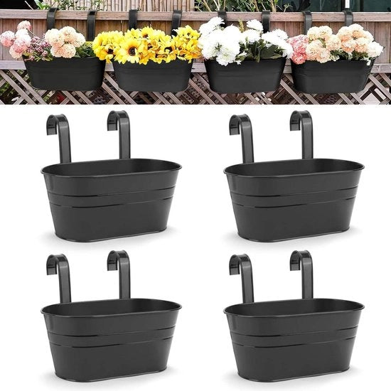 Bacino per piante - Bacino per piante Sospeso Vaso grande Metallo Ferro Parete Interno Esterno Ringhiera Recinzione Balcone Giardino Decorazione per la casa Hanger rimovibile 4x Nero