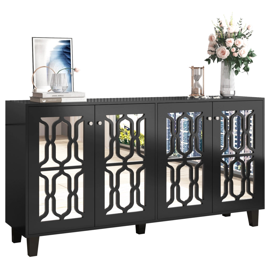 Credenza a 4 Ante con Specchio ¨C MINIMAL ¨C Nero, 160x40x84 cm