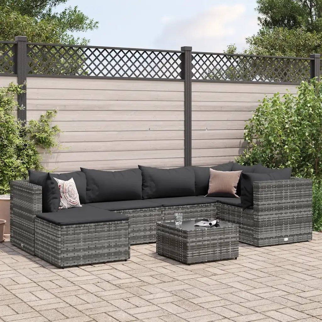 Set Divani da Giardino 7 pz con Cuscini in Polyrattan Grigio