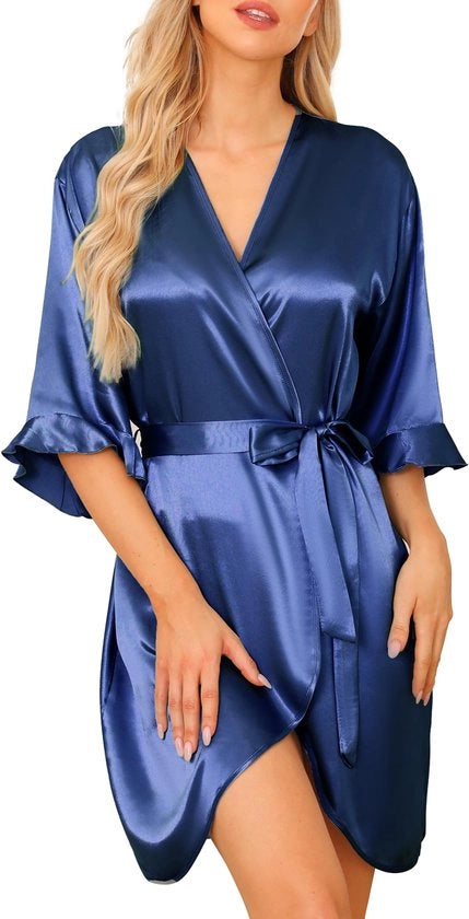 Kimono da camera per donne con collo V e cintura, colore luce blu, per matrimoni e feste