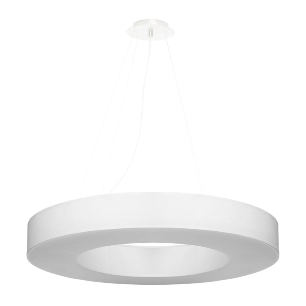 Lampadario rotondo Saturno Slim a 6 luci, 70 cm, tessuto bianco, PVC, acciaio