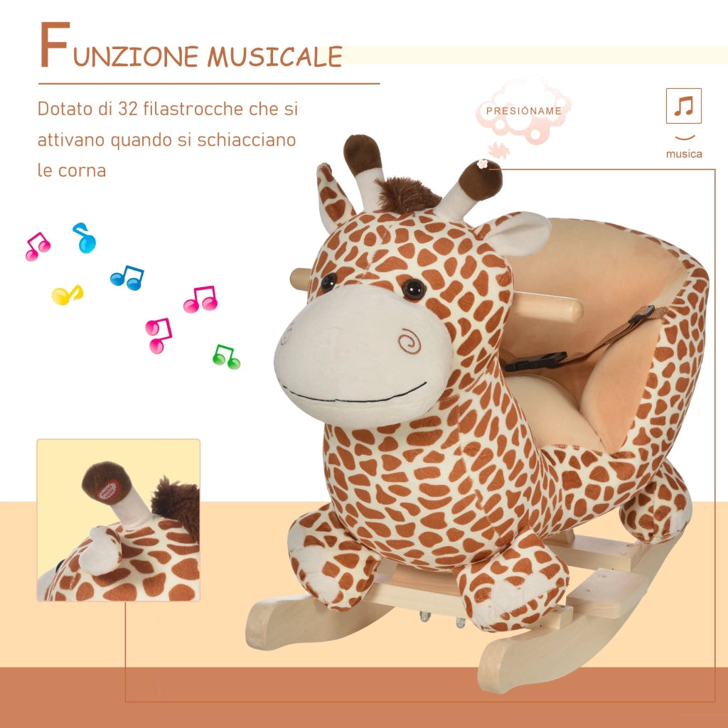 Dondolo per Bambini in Legno Giraffa in Peluche con Suoni