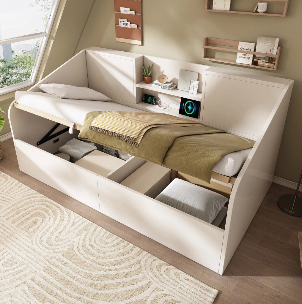 Letto 90x190 cm con contenitore idraulico e stazione di ricarica in legno bianco
