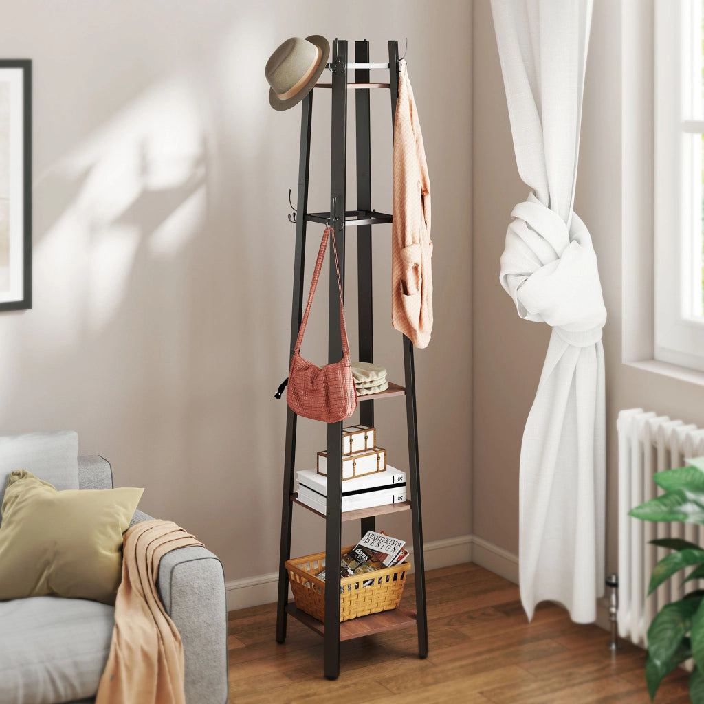 Appendiabiti con scaffali ¨C Zephmum ¨C Marrone, metallo e legno, 4 livelli