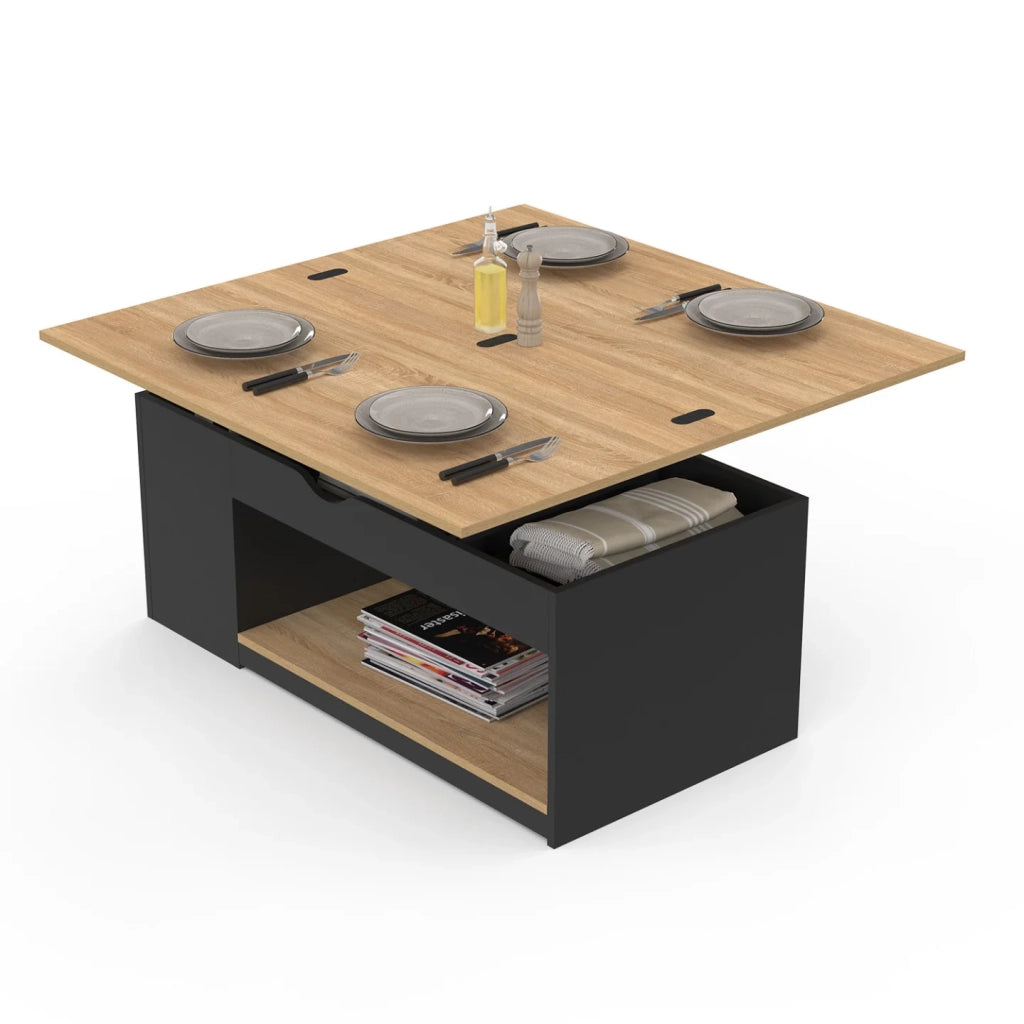 IDMarket - Tavolino rettangolare trasformabile in tavolo da pranzo ELEA in legno nero e impiallacciatura di faggio