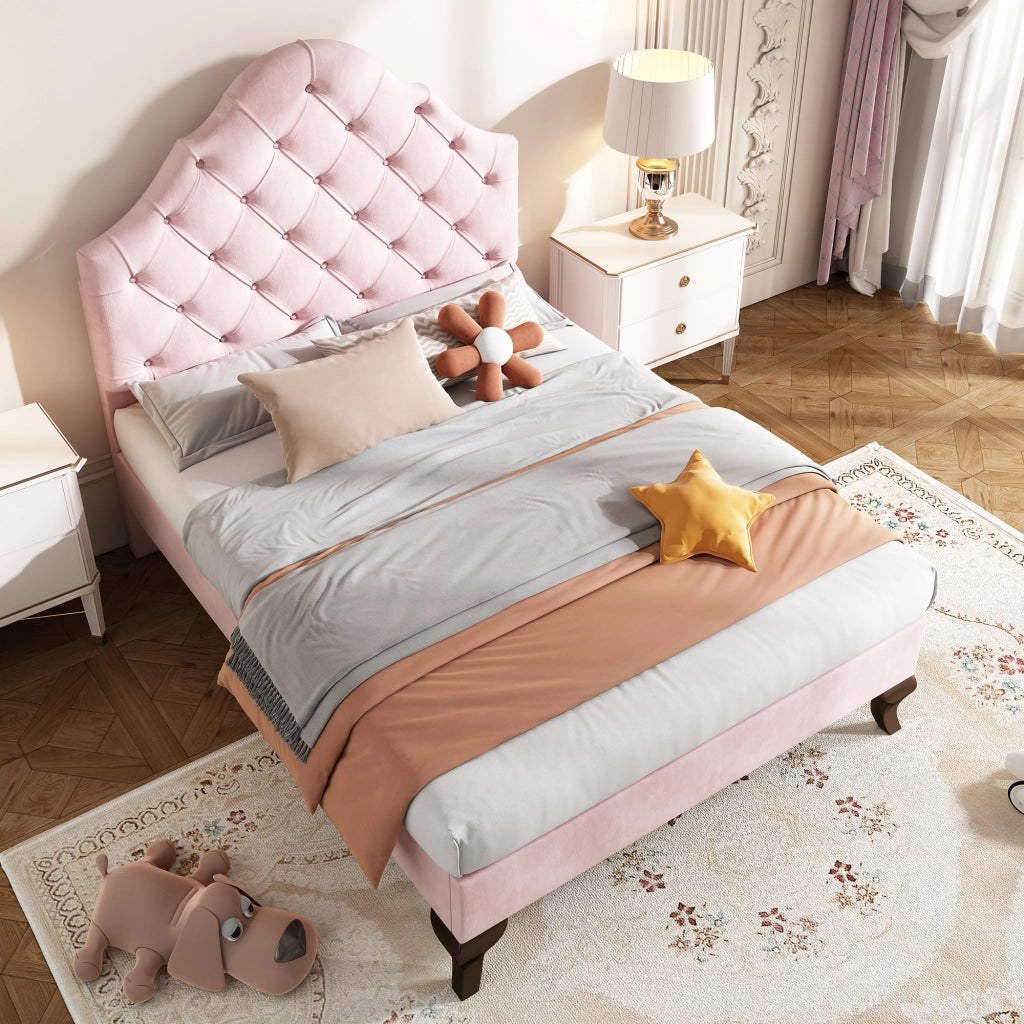 LETTO Imbottito 90x200 cm in velluto rosa con testiera regolabile