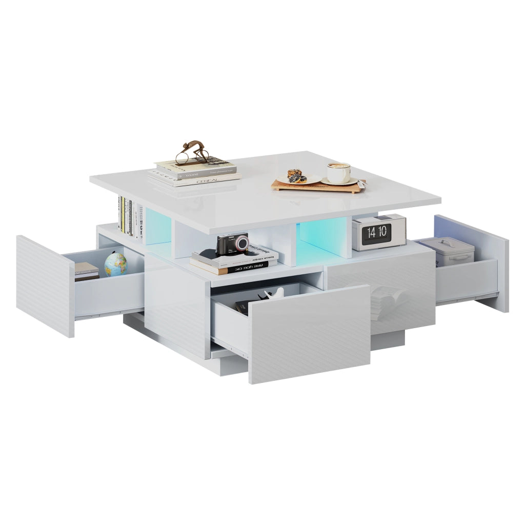 OKWISH Tavolino da salotto quadrato con 4 cassetti, illuminazione LED con controllo tramite app, finitura lucida, 70 x 70 x 40 cm