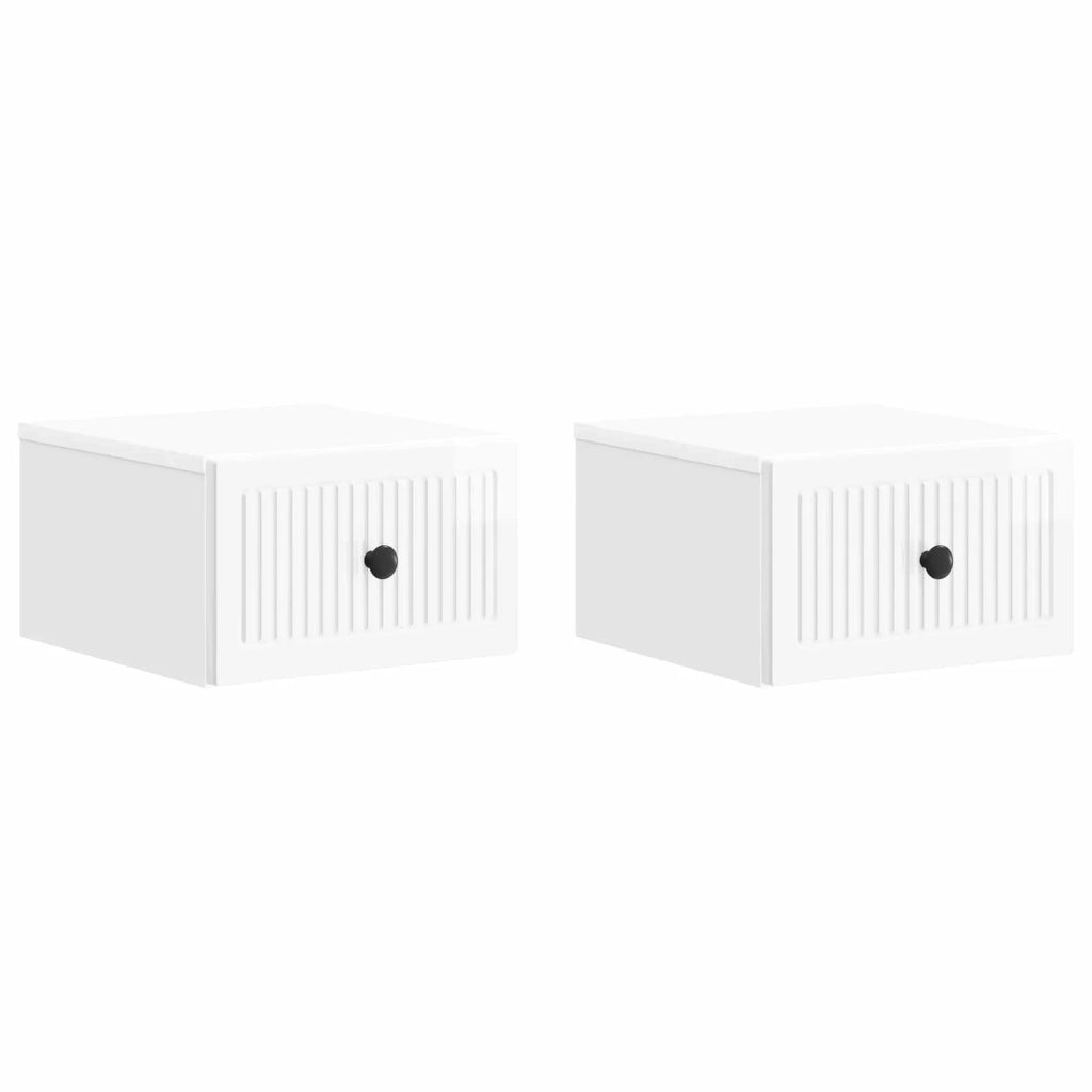 Set di 2 Comodini | Armadio da Notte | Mobiletto da notte a muro Bianco Lucido 33 x 34,5 x 20 cm