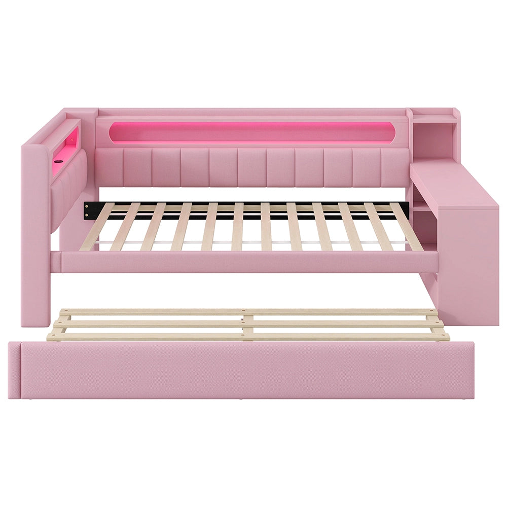 Letto a giorno-Xylo-90x200 cm-USB, LED, letto ribaltabile, scrivania, rosa
