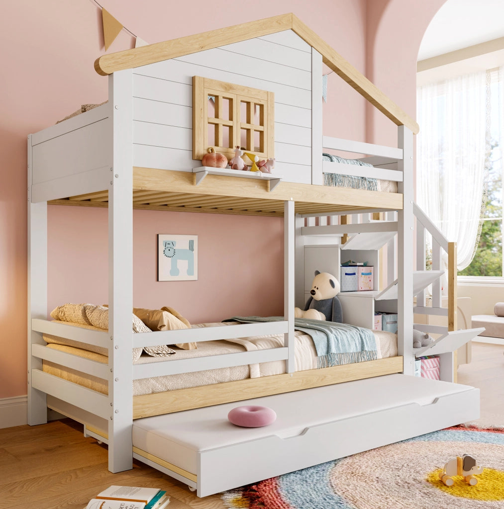 Letto a castello 90x200 con letto estraibile e scala contenitore