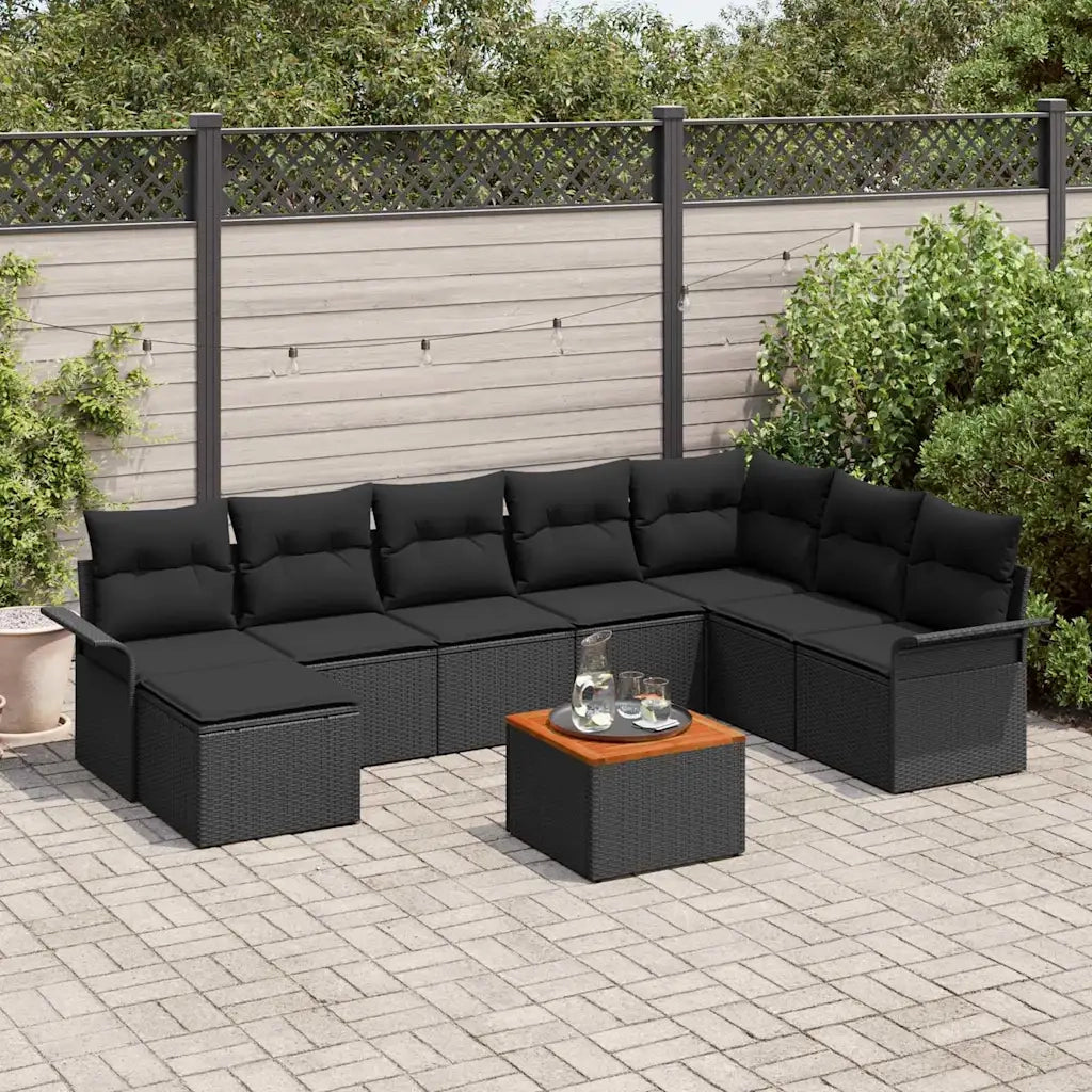 Set Divano da Giardino con cuscino 9 pcs Nero polyrattan