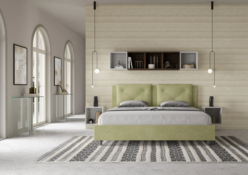BS COM Letto matrimoniale king size con rete imbottito 190x190 microfibra tè verde