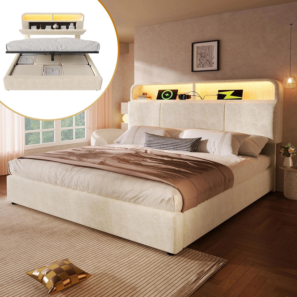 Letto 140x200cm?- Xylo - idraulico LED USB velluto beige