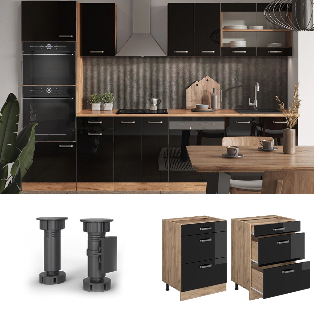 Vicco Mobiletto base per cucina Nero lucido 60 cm con cassetti, PL Antracite