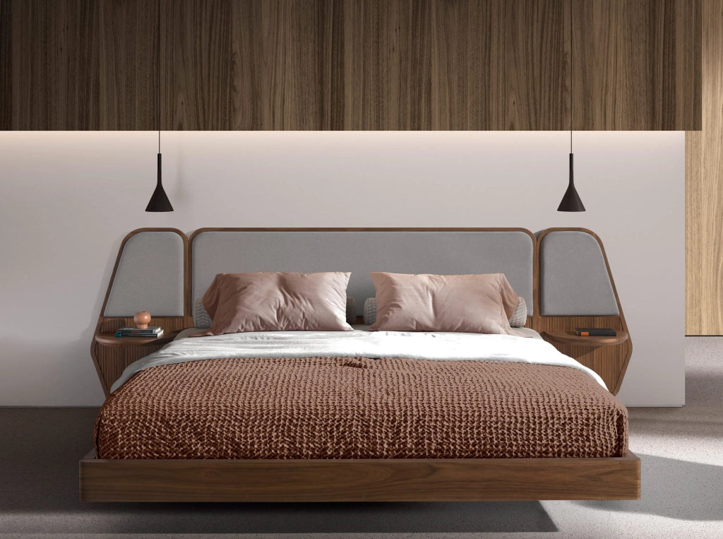 Letto in noce e tessuto grigio