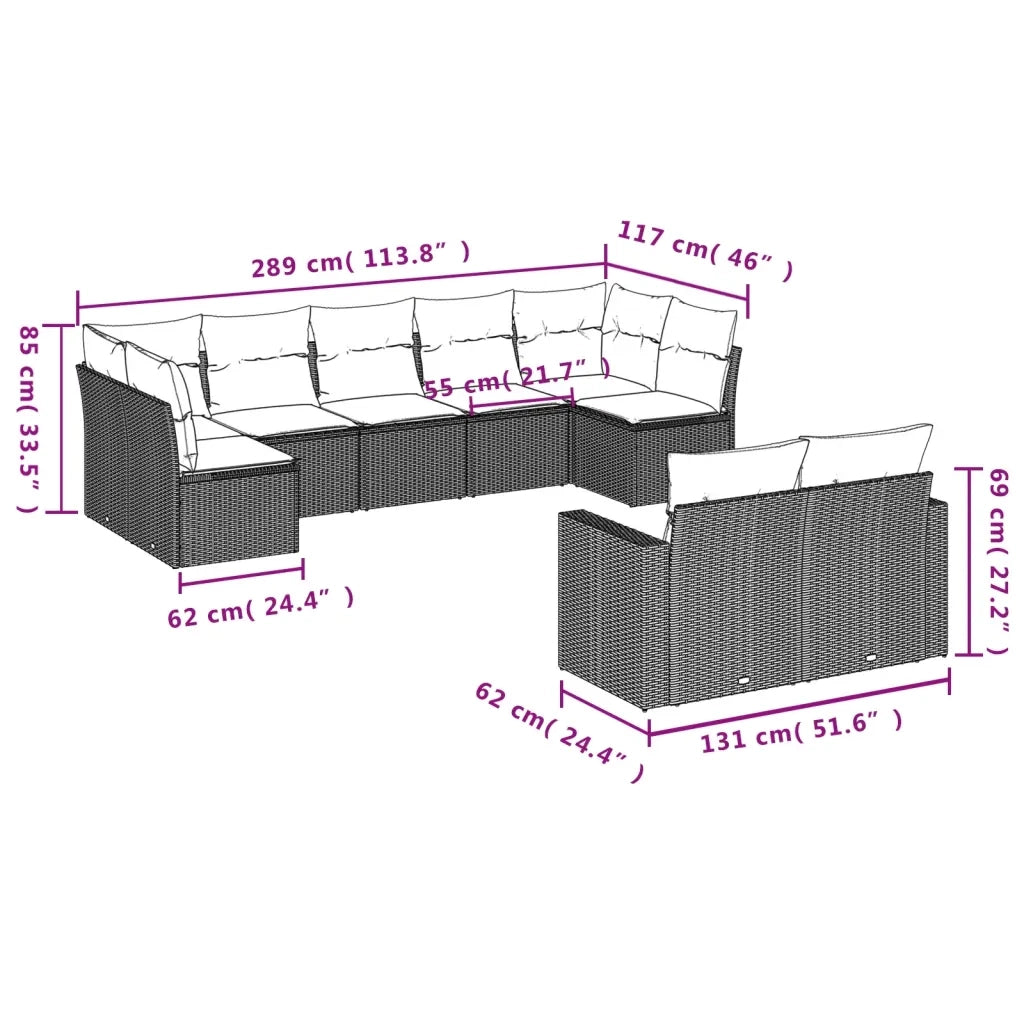 Set Divani da Giardino 9 pz con Cuscini Nero in Polyrattan 3219407