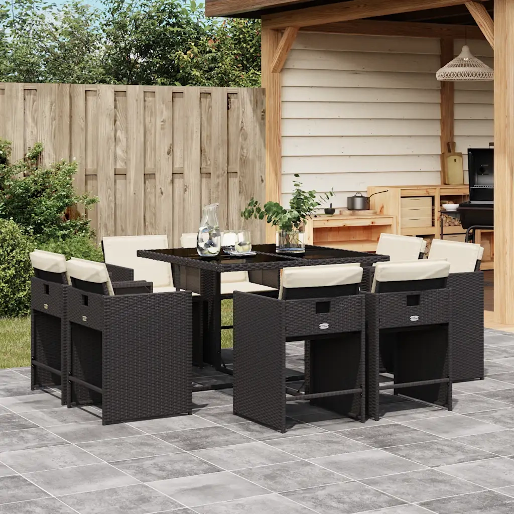 Set da Pranzo da Giardino 9 pz con Cuscini Nero in Polyrattan 3211194