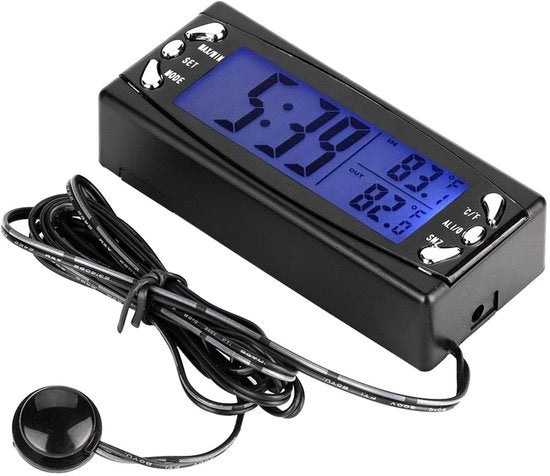 Termometro Digitale Auto - Temperatura Interna/Esterna - Orologio con Allarme - Display LCD - Visualizzazione 12/24 Ore - Installazione Facile