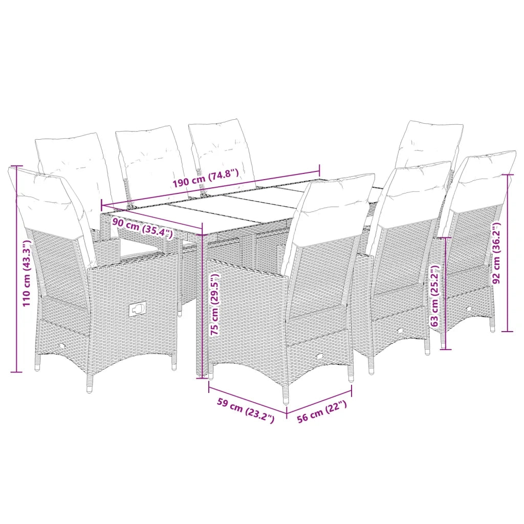 Set da Pranzo da Giardino 9 pz con Cuscini in Polyrattan Grigio