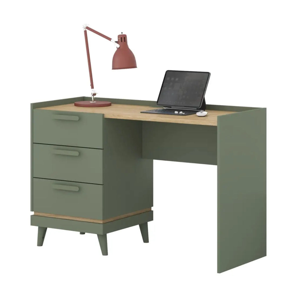 Scrivania stile scandinavo NOKI – 3 cassetti – Verde e legno – 120x80x50 cm
