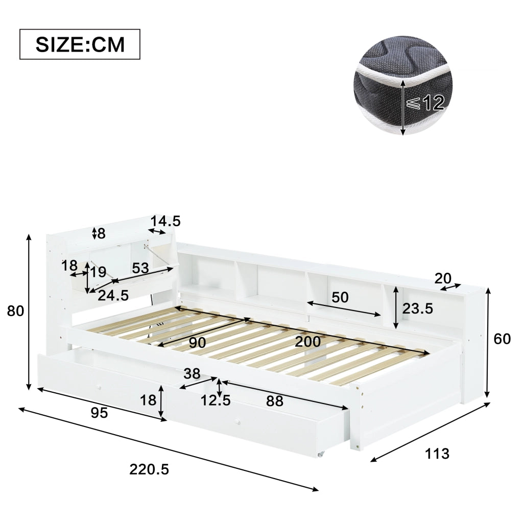 LETTO Singolo 90x200 cm Bianco con testiera, luci e cassetti