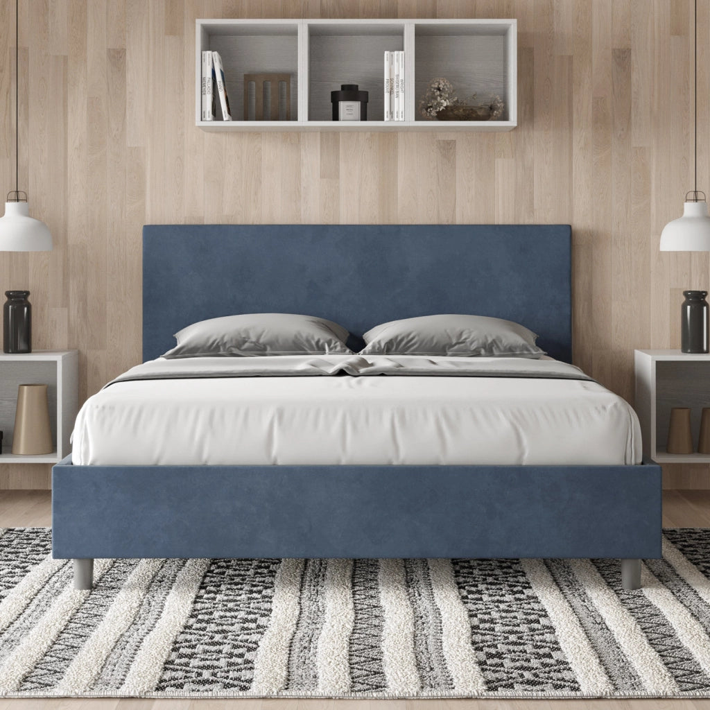 BS COM Letto matrimoniale con rete imbottito 160x200 microfibra blu