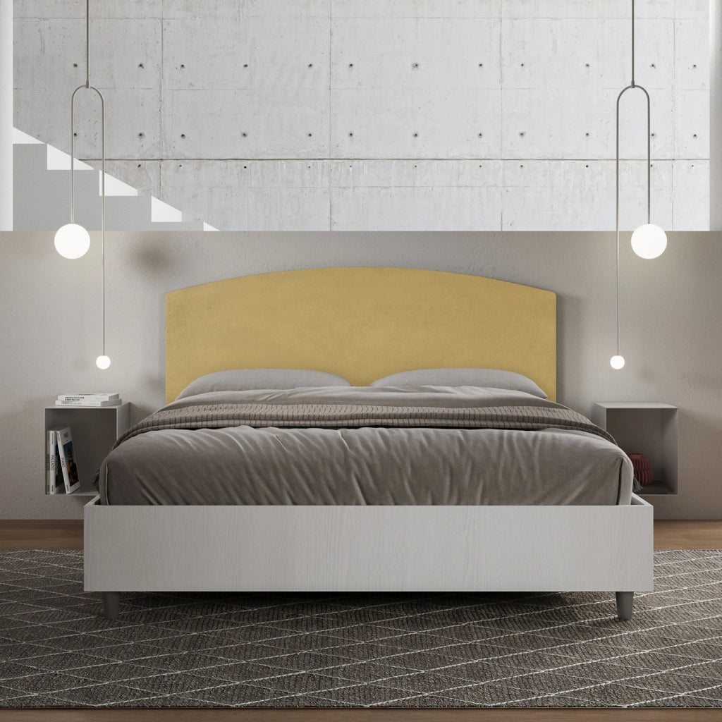 BS COM Letto matrimoniale con rete 160x200 bianco frassino testata microfibra ocra