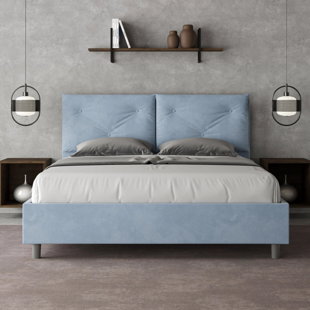 BS COM Letto queen size con rete imbottito 150x210 microfibra azzurro Large