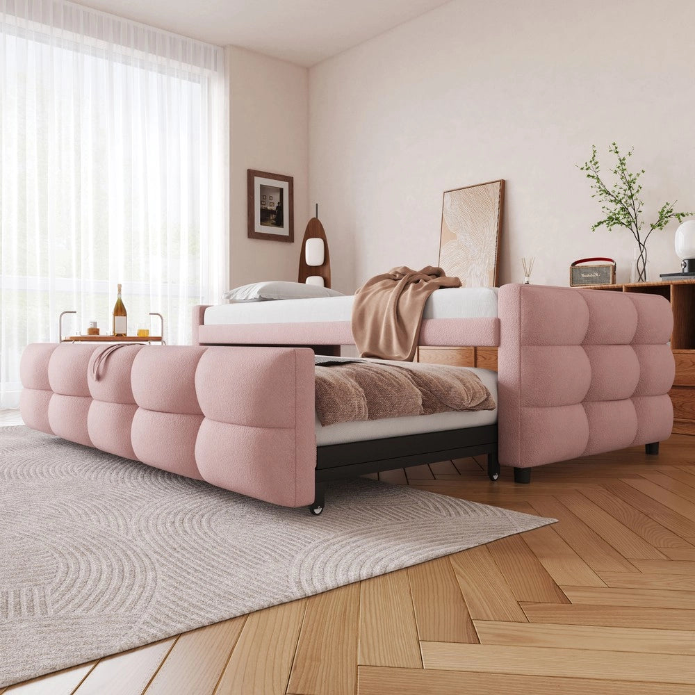 Letto Imbottito Estraibile Singolo/Matrimoniale ¨C MINIMAL ¨C Velluto Rosa, Rete a Doghe, 90/180x190