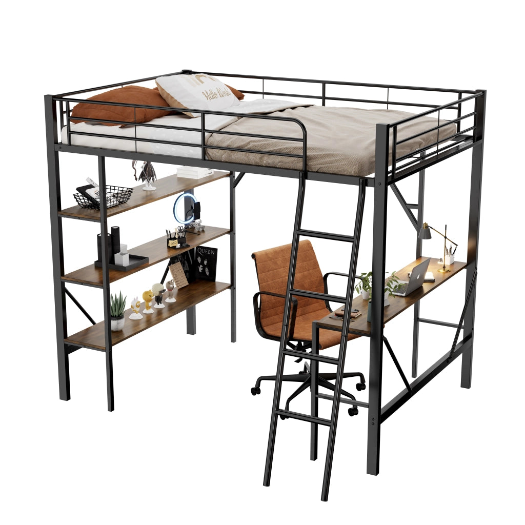 Letto a soppalco 90x200 cm in metallo con scrivania e 3 ripiani, nero