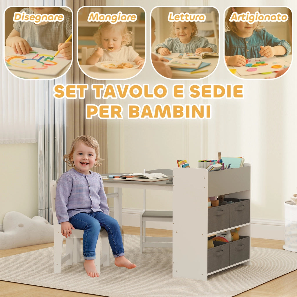 Set Sedie e Tavolo per Bambini ¨C Minimal ¨C Legno, Tessuto non Tessuto, Grigio e Bianco