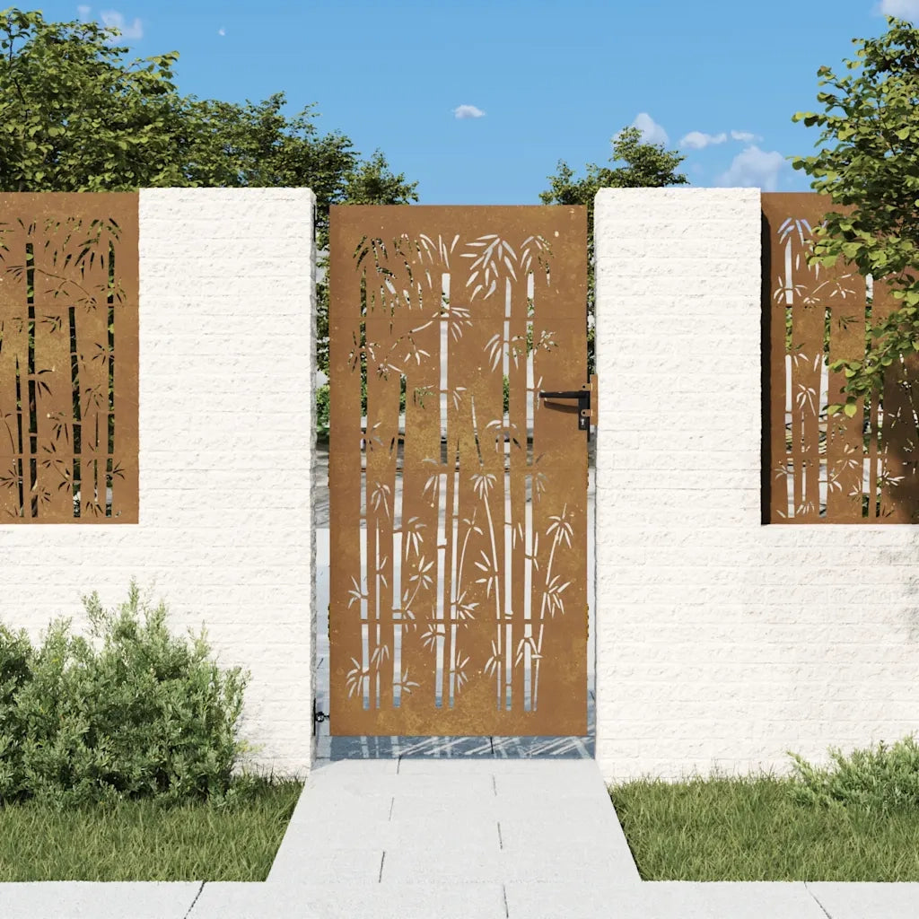 Cancello da giardino 85x200 cm in acciaio corten e design in bambù 153237