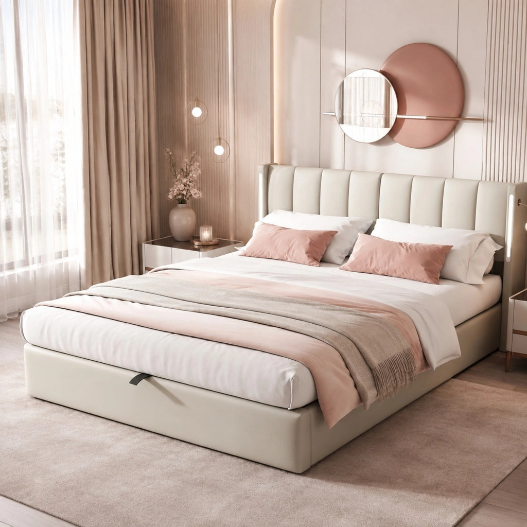 Letto imbottito con LED, USB e contenitore 140 x 190 cm, PU grigio
