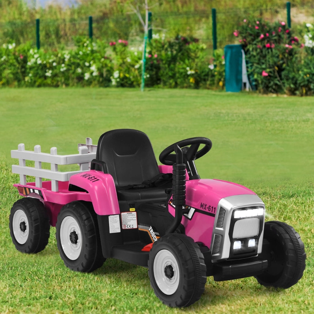 Trattore giocattolo elettrico con 3 marce luci led musica clacson, Trattore con rimorchio 12 v per bambini Rosa-Macchinine giocattoli