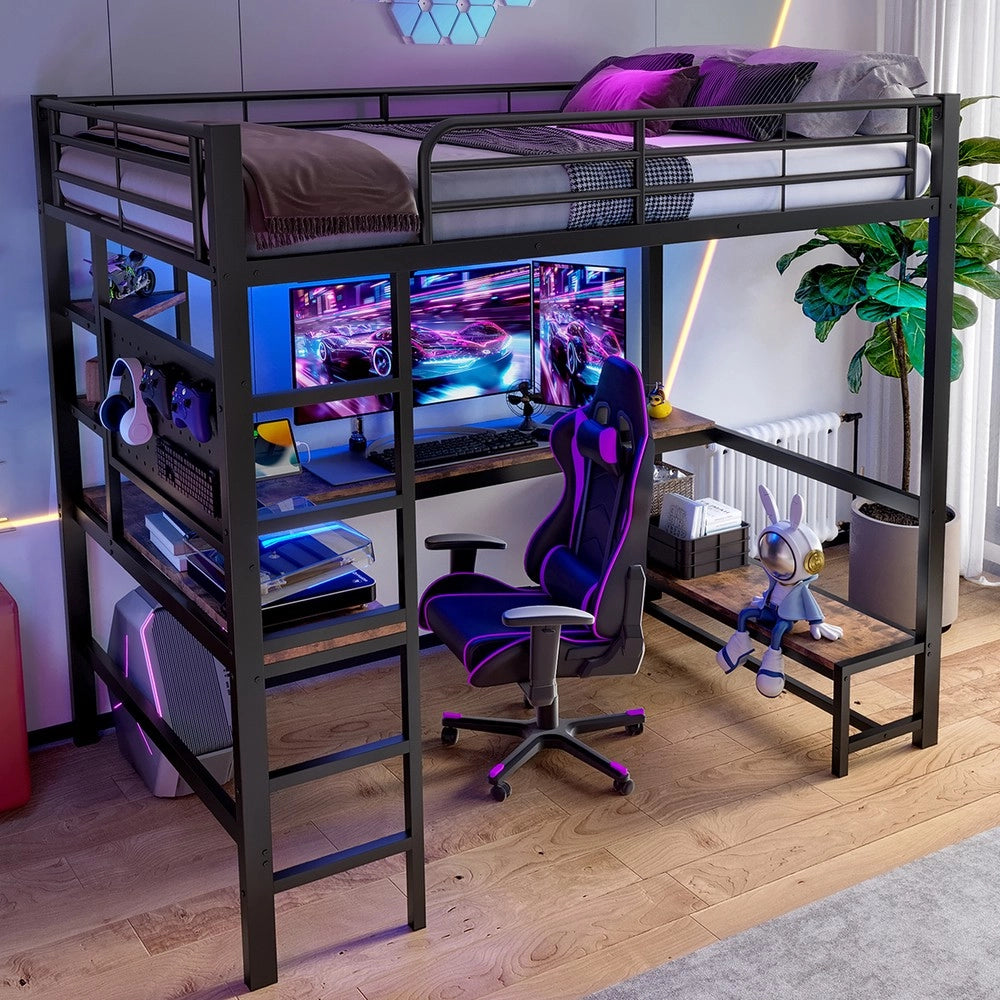 Letto a Soppalco con Scrivania e LED ¨C MINIMAL ¨C Nero, 90x200, con USB e Rete a Doghe